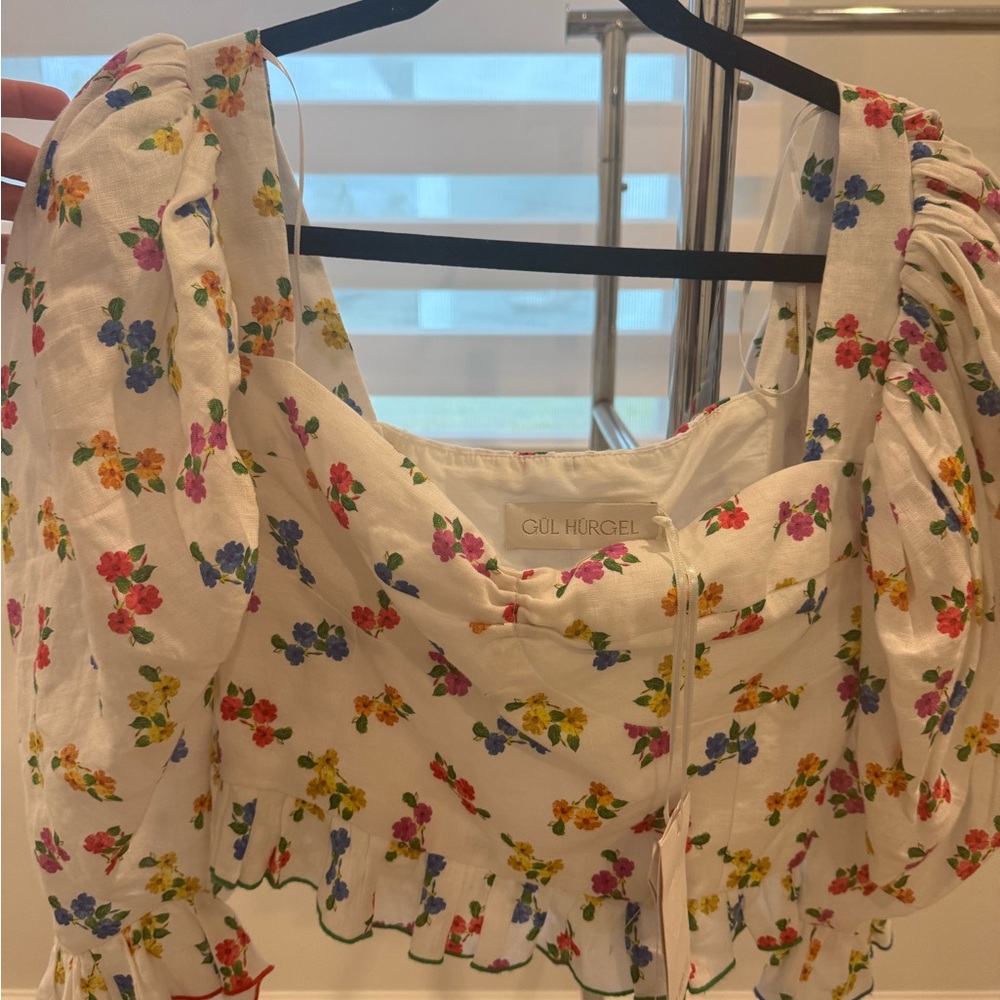 Gül Hürgel White Floral Puff-Sleeve Crop Top